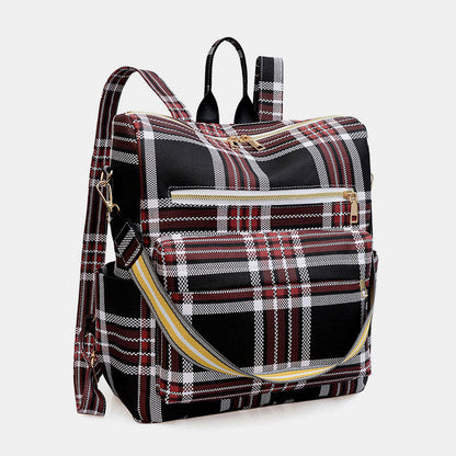 Women’s Plaid Leather Backpack – Multifunctional Daypack with Shoulder Strap