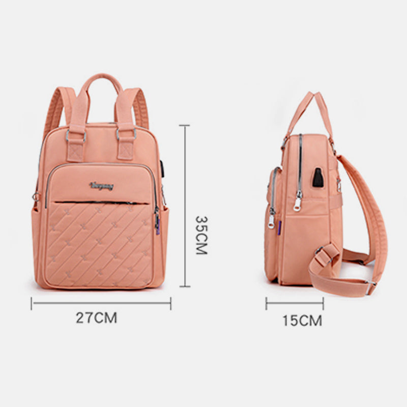 Lightweight Embossed Embroidery Backpack with USB Charging Port – Perfect for Women on the Go