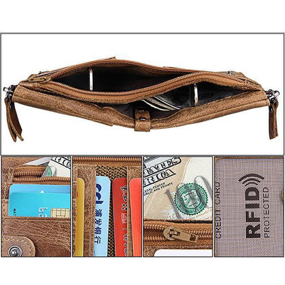 Men’s Genuine Leather RFID Wallet – Multi - Card & Coin Pockets, Zipper & Buckle Closure - VOTVO