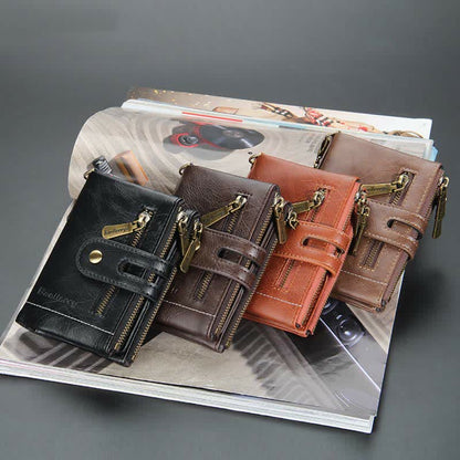 Trifold Leather Wallet for Men with Coin Purse, Snap Zip Closure & Chain – PU Leather, 12 Card Slots