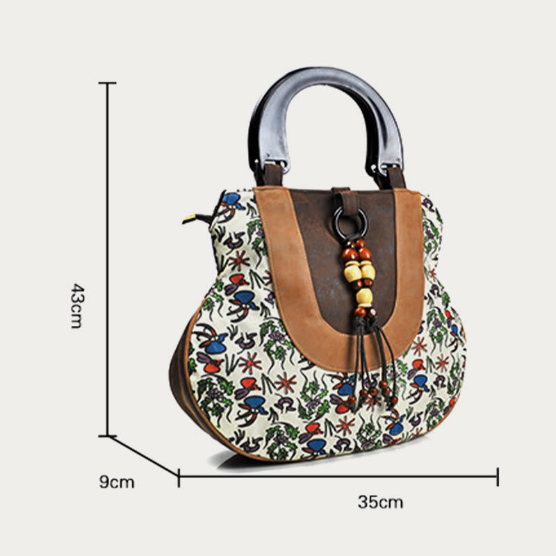 Top-Handle Bag for Women - Ethnic Style Printed Canvas Handbag